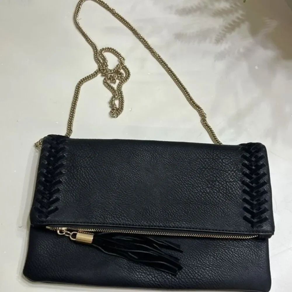Moda Luxe Women's Leather Gold Chain Link Strap Clutch Crossbody Bag Black NWT